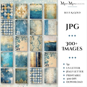 Big Bundle 300+ Printable Scrapbook Papers Blue Gold Grunge Digital A4, Letter, Half-Letter Ephemera Junk Journal Backdrops Shabby Chic NS27