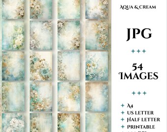 Big Bundle 50+ Printable Scrapbook Papers Digital A4, Letter, Half-Letter Backdrops Aqua Cream Floral Watercolor Paper NS32