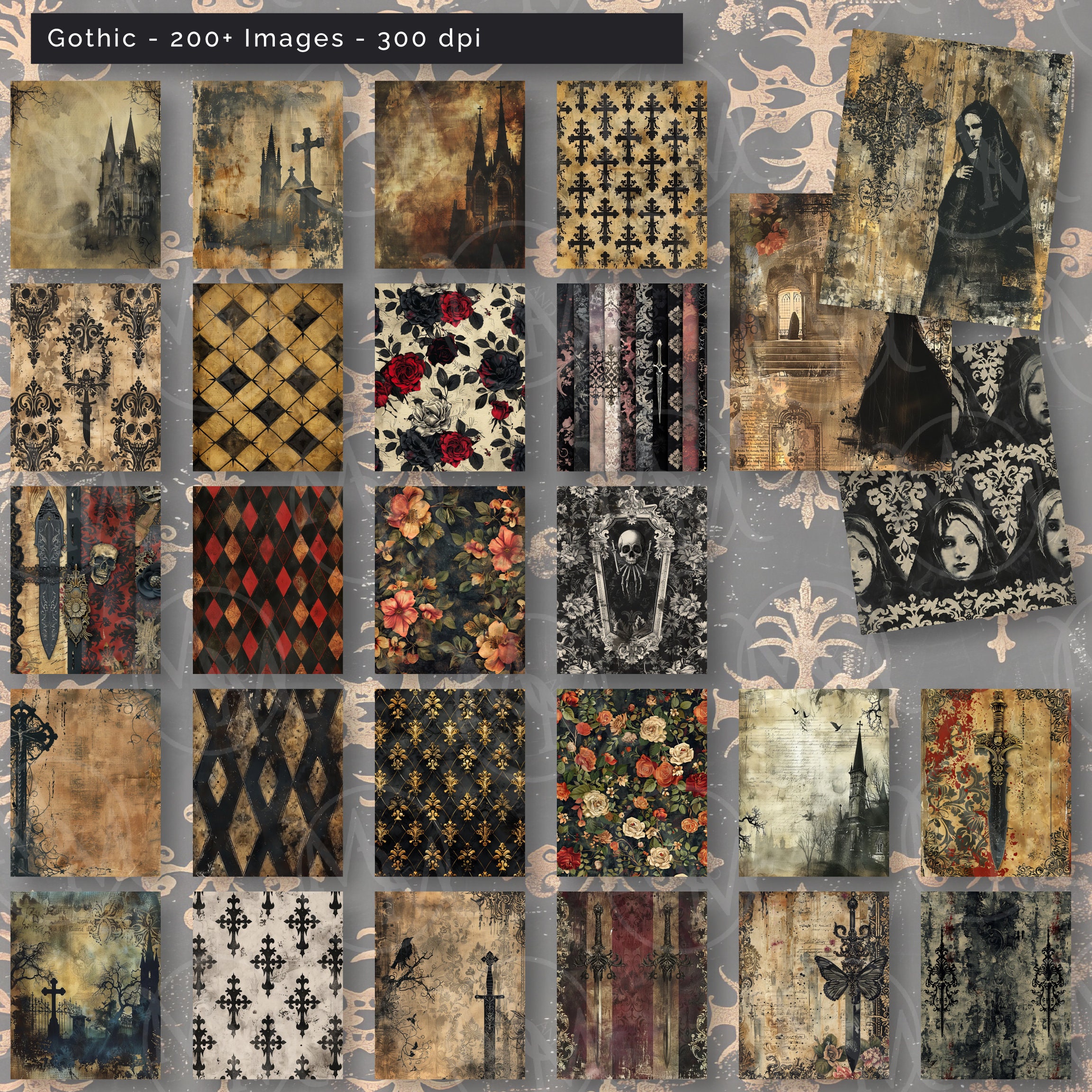 Gothic Digital Big Bundle 200+ Printable Scrapbook Papers A4, Letter ...