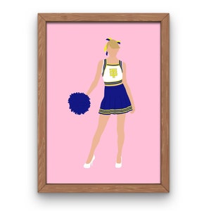 May include: A framed illustration of a cheerleader wearing a blue and white uniform with a yellow pom-pom. The background is pink.