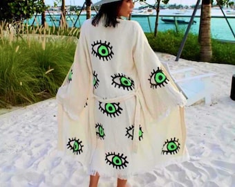 Pink Evil Eye Kimono Robe For Women - Boho Kimono Cardigan, Organic Cotton Turki