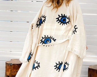 Handgemaakte Evil Eye Boho Festival Kimono, Boho Beachwear, Badjas, Spa Robe, Boho Cardigan, Beachwear Cover up, Badjas, Biologisch katoen