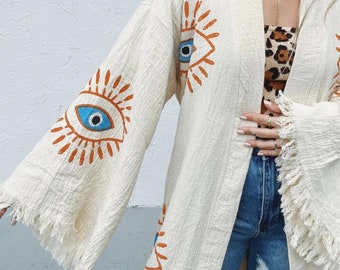 Handgemaakte Evil Eye Boho Festival Kimono, Boho Beachwear, Badjas, Spa Robe, Boho Cardigan, Beachwear Cover up, Kamerjas, Biologisch Katoen