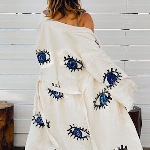 Handmade Evil Eye Boho Festival Kimono, Boho Beachwear, Peignoir, Spa Robe, Boho Cardigan, Beachwear Cover up, Robe de chambre, Coton biologique