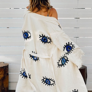 Handmade Evil Eye Boho Festival Kimono, Boho Beachwear, Bathrobe, Spa Robe, Boho Cardigan, Beachwear Cover up, Dressing gown, Organic Cotton image 3