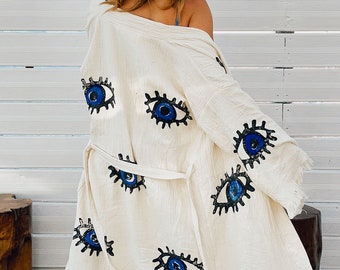 Handgemaakte Evil Eye Boho Festival Kimono, Boho Beachwear, Badjas, Spa Robe, Boho Cardigan, Beachwear Cover up, Badjas, Biologisch katoen