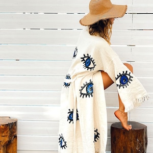 Handmade Evil Eye Boho Festival Kimono, Boho Beachwear, Peignoir, Spa Robe, Boho Cardigan, Beachwear Cover up, Robe de chambre, Coton biologique