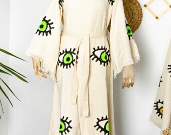 Handmade Evil Eye Boho Festival Kimono, Boho Beachwear, Bathrobe, Spa Robe, Boho Cardigan, Beachwear Cover up, Dressing gown, Organic Cotton