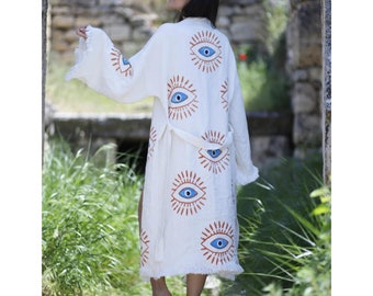 Handgemaakte Evil Eye Boho Festival Kimono, Boho Beachwear, Badjas, Spa Robe, Boho Cardigan, Beachwear Cover up, Badjas, Biologisch katoen