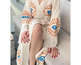 Handgemaakte Evil Eye Boho Festival Kimono, Boho Beachwear, Badjas, Spa Robe, Boho Cardigan, Beachwear Cover up, Badjas, Biologisch katoen