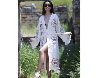 Handgemaakte Evil Eye Boho Festival Kimono, Boho Beachwear, Badjas, Spa Robe, Boho Cardigan, Beachwear Cover up, Badjas, Biologisch katoen