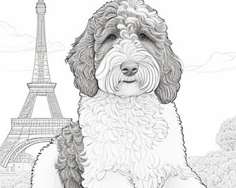 Könnte beinhalten: Schwarz-Weiß-Illustration eines Hundes mit dem Eiffelturm im Hintergrund. Der Hund hat ein helles Gesicht und eine helle Brust, mit dunklerem Fell an Ohren und Rücken. Die Kunst ist detailliert.