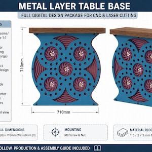 Op de afbeelding: Een digitaal ontwerppakket voor een metalen tafelonderstel met een blauw en bordeauxrood geometrisch patroon. Het onderstel meet 710mm bij 710mm bij 60mm. Bevat bestandsformaten zoals DXF, SVG, EPS, PDF, IPT en STL voor CNC-, laser- en plasmasnijden.
