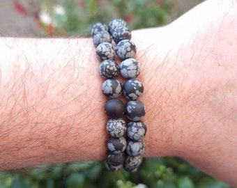 8mm Snowflake Obsidian Bracelet, Black Obsidian Protection Bracelet