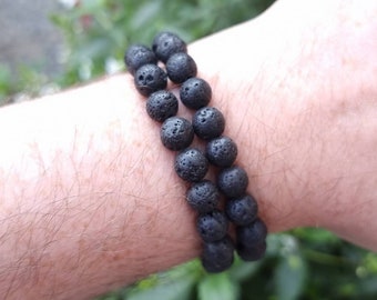 8mm Lava Stone Bracelet, Mens Black Bracelet, Lava Stone Protection Bracelet