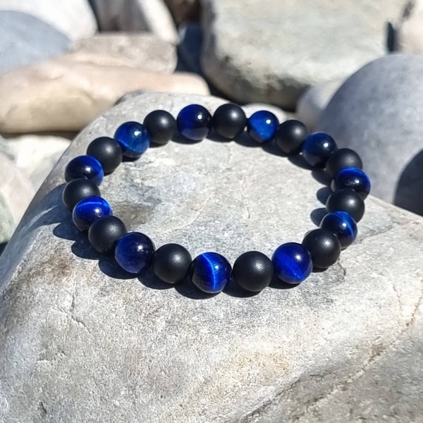 Bracelet oeil de tigre bleu nuit, bracelet extensible agate noire 8 mm 10 mm