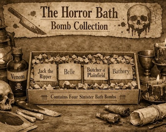 The Horror Bath Bomb Collection – Gothic Gift Set | Jack the Ripper, Belle, Butcher of Plainfield and Bathory | Handmade Vegan Bath Bombs