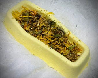 Handmade Coffin Bath Bomb – Tangerine Sandalwood, Marigold, Red Clover, Gold Eco Glitter