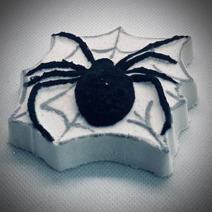 May include: A white, star-shaped bath bomb with a black spider and web design. The spider has a textured body and long legs, and the web is drawn in gray. This Halloween-themed bath bomb is perfect for spooky season.