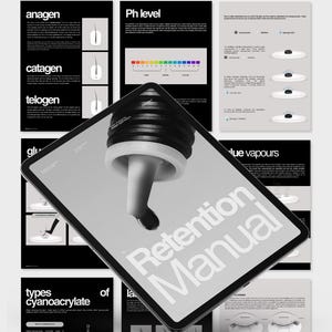 May include: A digital tablet displaying a lash retention manual with the title "Retention Manual" in large, white letters. The image also shows diagrams and text about lash extensions, with the text "55 pages editable lash manual" at the top.