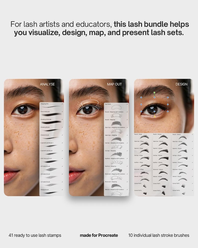 digital lash styles and mappings, eyelash extension mapping and styling brushes for procreate, lash mapping illustrations, lash styles, procreate brushes, eyelash styles, eyelash consultation, procreate lashes, lash training, lash ebook