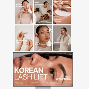 May include: A digital presentation titled Korean Lash Lift displayed on a computer monitor, featuring multiple instructional slides about eyelash enhancement techniques, including product knowledge, client consultation, and step-by-step application guides.