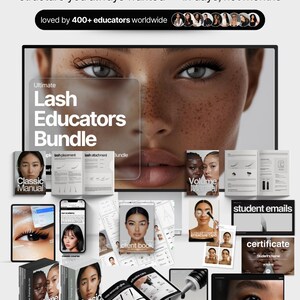 May include: An advertisement for a lash educator's bundle. The image features a large screen with the text "Ultimate Lash Educators Bundle" and various manuals, books, and digital devices. The text at the top reads "build a successful lash academy...in days, not months."