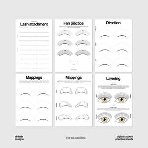 Può includere: Sei fogli di pratica digitale bianchi per educatori di ciglia. Presentano diagrammi per l'attacco delle ciglia, la pratica del ventaglio, la direzione, le mappature e la stratificazione. Il testo include "sinlash designs" e "(for lash educators)".