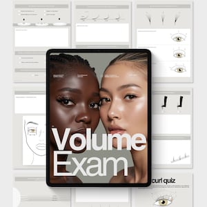 May include: A digital tablet displaying a "Volume Exam" graphic, flanked by educational worksheets on lash techniques. The tablet features two women's faces. The worksheets cover lash styles, eye diagrams, and lash application methods. The text "volume lash class exam/quiz" is at the top.
