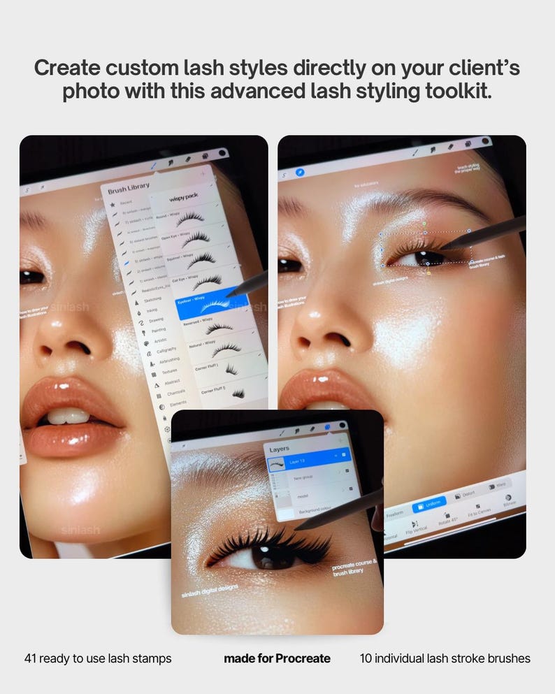 digital lash styles and mappings, eyelash extension mapping and styling brushes for procreate, lash mapping illustrations, lash styles, procreate brushes, eyelash styles, eyelash consultation, procreate lashes, lash training, lash ebook