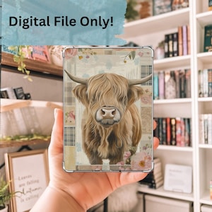 Highland Cow Kindle Insert PNG, Cottagecore Kindle Paperwhite Kindle Insert Download, Floral Patchwork Kindle Decor, Book Lover Gift