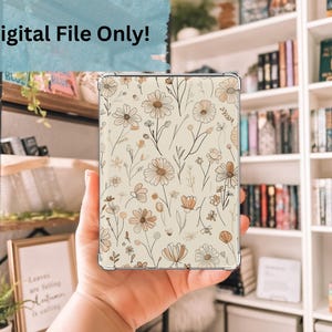 Pode incluir: Uma capa transparente com um design floral com margaridas e outras flores silvestres em tons de castanho e bege. O texto "Digital File Only!" está no topo. A capa é segurada em uma mão.