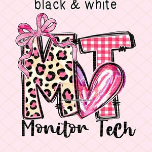 Peut inclure: Une conception numérique représentant les lettres « MT » dans un motif à carreaux rose et blanc, avec un cœur rose et un « M » imprimé léopard. Le texte « Monitor Tech » est situé sous les lettres.