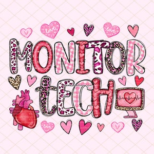 Peut inclure: Conception graphique rose et rouge avec le texte "Monitor Tech" entouré de cœurs et d'un moniteur cardiaque. Le design est parfait pour un cadeau de la Saint-Valentin pour un technicien de surveillance.