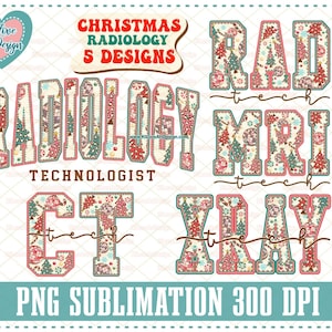 Könnte beinhalten: Fünf Designs zum Thema Weihnachten für einen Radiologietechnologen. Die Designs zeigen die Wörter "RAD", "MRT", "RÖNTGEN", "CT" und "RADIOLOGIETECHNIKER" in einer festlichen Schriftart mit einem Weihnachtsbaum-Muster.