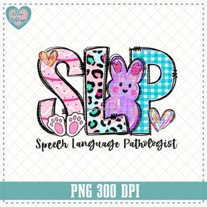 Puede incluir: Un diseño digital que presenta las letras "SLP" en un estilo colorido y juguetón. Las letras están decoradas con patrones rosas, azules y verdes, incluyendo lunares, cuadros vichy e estampado animal. El diseño también incluye un conejito morado con una nariz rosa y bigotes blancos. El texto "Speech Language Pathologist" está escrito debajo de las letras.