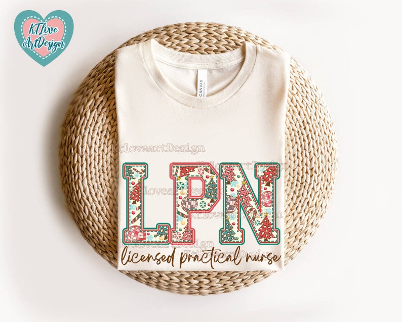 May include: A white t-shirt featuring a colourful patchwork design spelling out "LPN" and the text "licensed practical nurse".