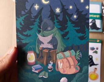 Crow Art Print | Raven Forest Illustration | Woodland Wall Art | Cottagecore Decor | Witchy Room Decor | Mini Art Print | Postcard