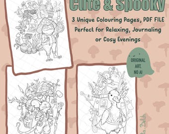 May include: Three unique coloring pages featuring whimsical illustrations of a frog, mouse, and duck, each carrying various items. The text reads "Cute & Spooky" and "3 Unique Colouring Pages, PDF FILE". The art is original and not AI generated.