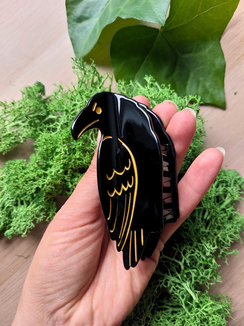 Rabenhaarkralle | Krähe Haarspange | Acetat-Haarkralle | Gothic Haarschmuck | Waldästhetik | Witchy Geschenk Bild 3