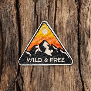 Wild and Free Mountain Patch Iron-On – Sunrise Adventure Embroidered Patch for Jacket Backpack Hat