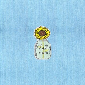 Sunflower in Mason Jar Iron On Patch | Rustic Floral Embroidered Applique | Country Cottagecore Jacket & Bag Patch | Cute Nature Design