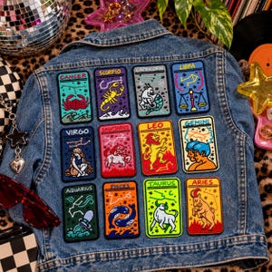 星座アイロンワッペン｜占星術刺繍ワッペン｜牡羊座、牡牛座、双子座、蟹座、獅子座、乙女座、天秤座、蠍座、射手座、山羊座、水瓶座、魚座