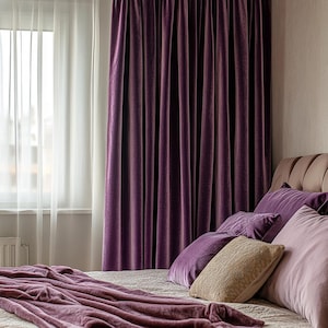 Lilac luxury velvet curtains for living room / Violet blackout drapes for bedroom / Custom pleated curtain panels / Bohemian lavender drapes