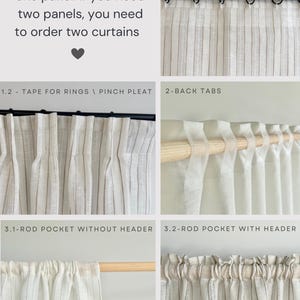 K&ouml;nnte beinhalten: Nahaufnahme verschiedener Gardinenkopfformen, darunter Band f&uuml;r Ringe mit und ohne Falten, R&uuml;ckenschlaufen und Stangenfach mit und ohne Kopf. Der Text "Your order includes one panel. If you need two panels, you need to order two curtains" ist oben im Bild sichtbar.
