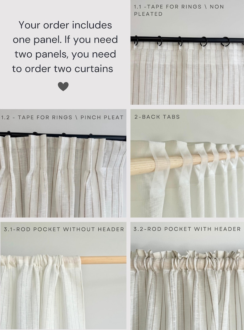 K&ouml;nnte beinhalten: Nahaufnahme verschiedener Gardinenkopfformen, darunter Band f&uuml;r Ringe mit und ohne Falten, R&uuml;ckenschlaufen und Stangenfach mit und ohne Kopf. Der Text "Your order includes one panel. If you need two panels, you need to order two curtains" ist oben im Bild sichtbar.