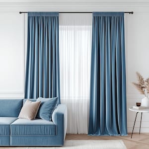 Custom pale blue velvet curtains for living room / Modern dusty blackout curtain panel bedroom / Teal retro pleated luxury drape extra long