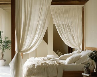 Linen canopy bed curtains / Custom curtains ties top on top / Lace Bed curtains queen / Sheer boho curtains / Сrib canopy kura bed drapery