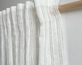 Linen sheer curtains bedroom / Custom cafe short window curtains for kitchen / Pleated lace living room drapes / Embroidered striped panels