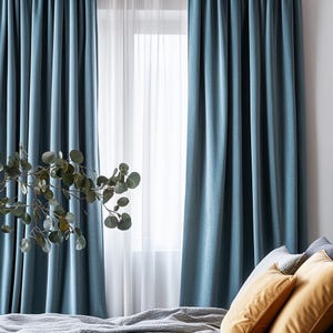 Custom pale blue velvet curtains for living room / Modern dusty blackout curtain panel bedroom / Teal retro pleated luxury drape extra long